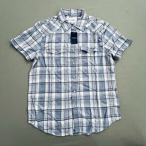 Lucky Brand Men Western Shirt Size SMALL Linen Blend Pearl Snap Short Sleeve NEW